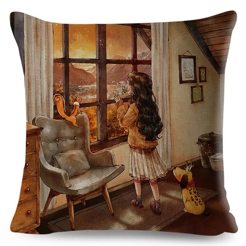 Colorful Cute Cartoon Girl and Pet Dog Fairy Tale World Pillowcase Decor for Sofa Home Pillow Case Polyester Cushion Cover