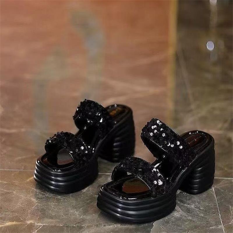 Spring and summer sequined silver slippers outside casual new thick-soled one-word high-heeled sandals