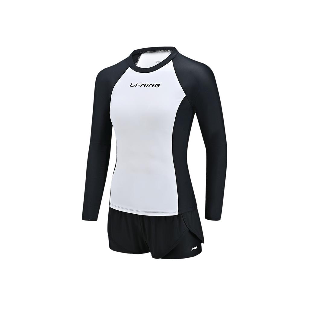 Li Ning Swimming Series Color Block Letter Round Neck Pullover Long Sleeve Two-Piece Swimsuit Women Swimsuit Black Standard-White ASLT074-1