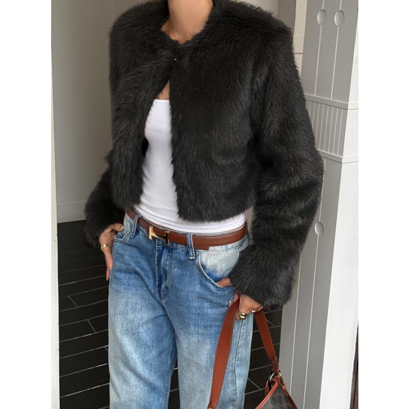 

Осень Зима Однотонный Повседневный Модный Кардиган Пальто Женское Искусственный Мех На Все Случаи Жизни Верхняя Одежда Топ S чёрный