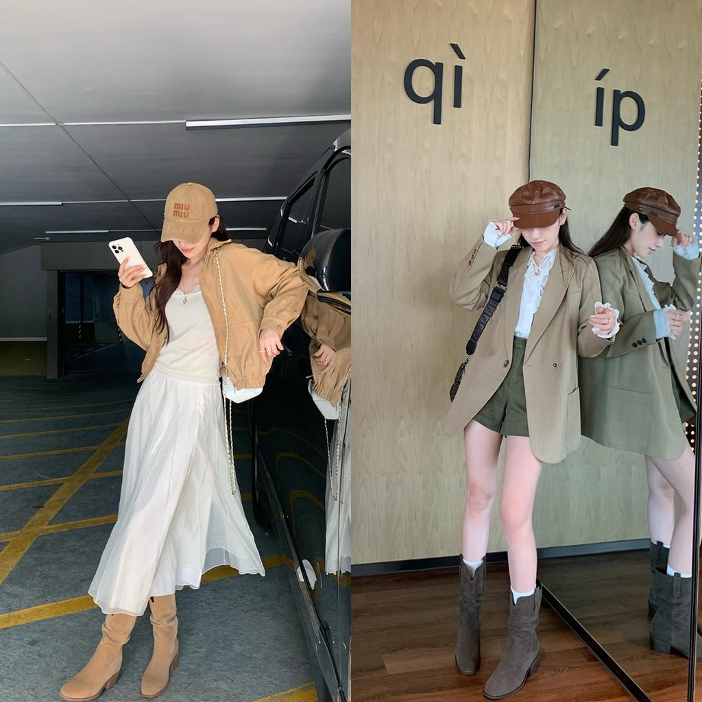 New spot grape mother medium tube knight boots 2025 new V-mouth thick heel increased height and thin large tube circumference stacked