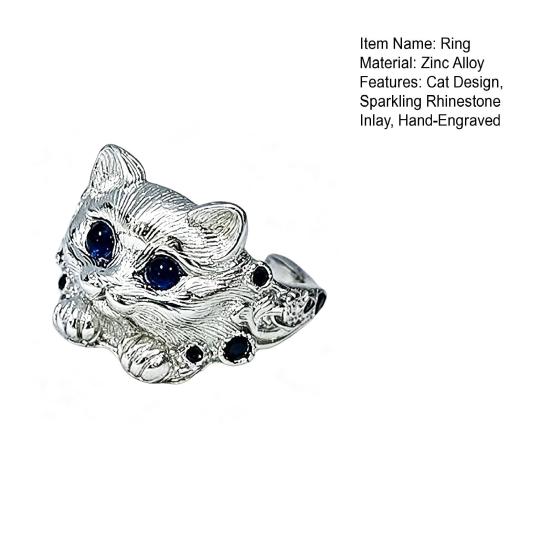 Finger Ring Adjustable Fit Hand-Engraved Kitten Silhouette Ring with Sparkling Rhinestones Polished Alloy Finish Finger Band