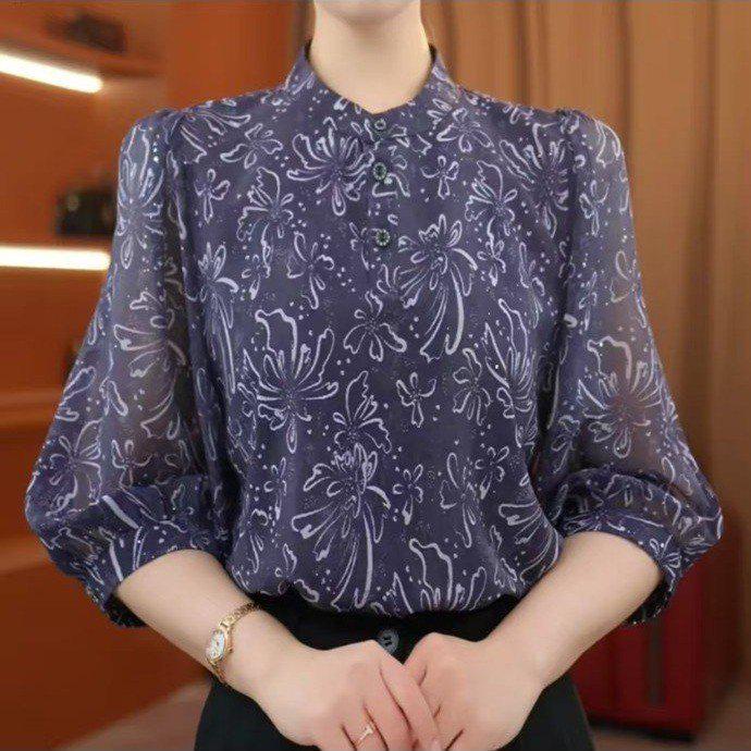 

2026 Summer Chiffon Print Three-Quarter Sleeve Top - Light Luxury Fashion for Stylish Moms XL (120-135 jin)