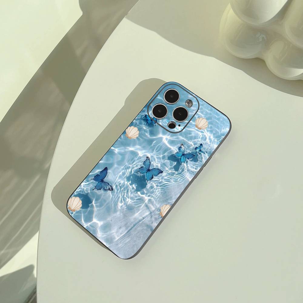 Blue Butterfly Ocean wave  Phone Case For iPhone 17,16,15,14,13,12,11 Pro Max,16/15/14Plus,XS Soft Black Cover