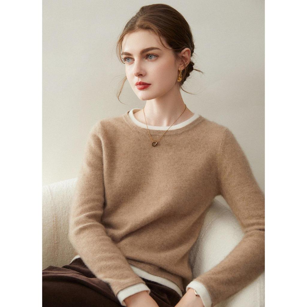 Women's 100% Cashmere Slimming Round Neck Color Block Two-Piece Look Knit Sweater