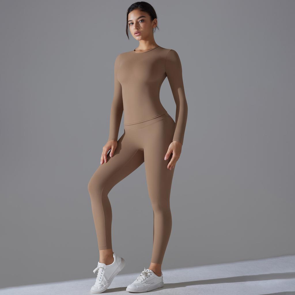 New Solid Color Double-sided Brushed High Elasticity High Waist Tight Fitting Hip Lifting Training Yoga Suit Set, Running Fitness Suit For Women