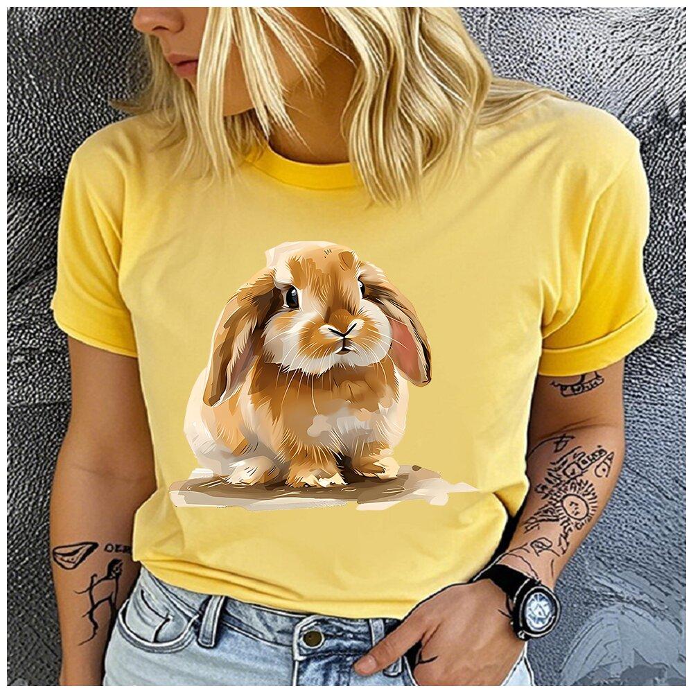 Women's Polyester 100% Cute Rabbit  Print T-shirt Loose Round Neck Casual Short Sleeve Fashion Top Wholesale Clothing Summer