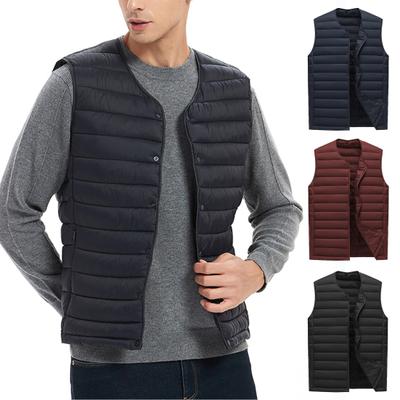 Men Winter Vest Solid Color Padded Sleeveless Single-breasted Cardigan Warm V Neck Windproof Winter Waistcoat for Trip