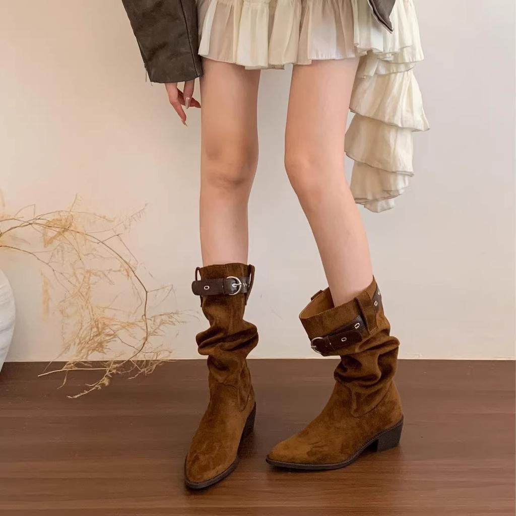 Coarse Heel Pointed Pleated Tall Tube Piled Boots Women's 2025 New Summer and Autumn Western Cowboy Medium Tube Knight Boots