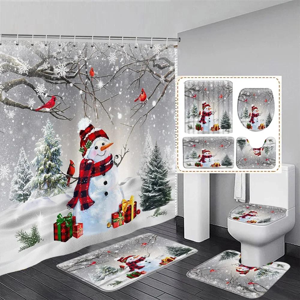 Winter Weihnachten Duschvorhang Set Niedlicher Schneemann Rote Vögel Geschenke Wald Zeder Neujahr Xmas Badezimmer Deko Duschvorleger Toilettensitzbezug