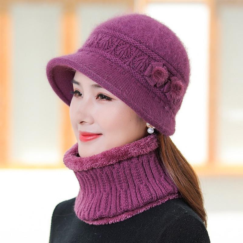 Middle-aged and old knitted rabbit fur hat women's autumn and winter plush warm wool hat hat