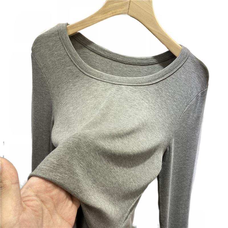 2025 A/W Women's Ribbed Long Sleeve Tee - Low Round Neck Clavicle Style, Solid Color, Versatile Top