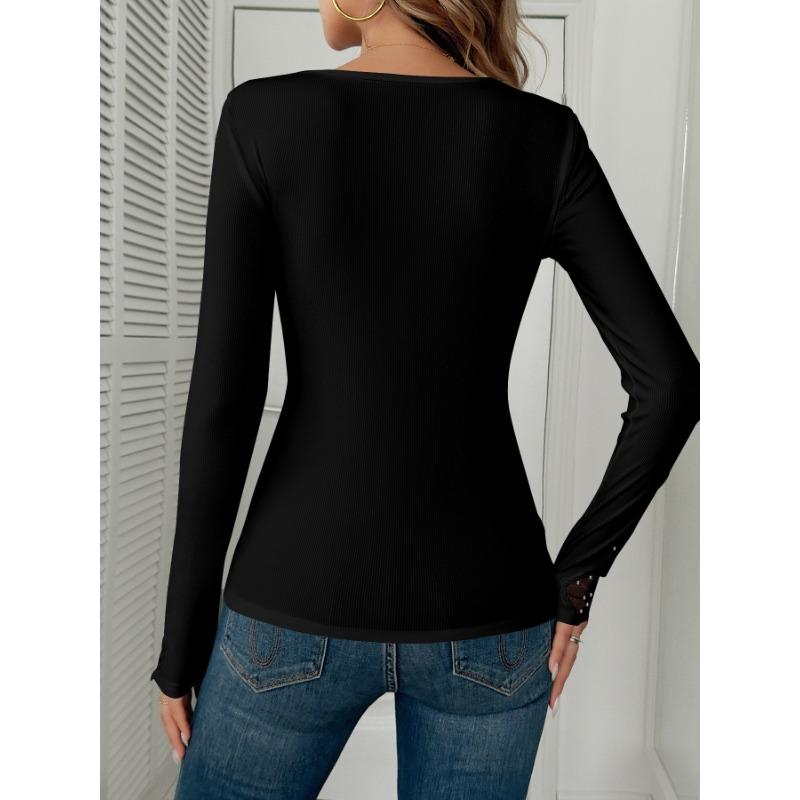 Gestickte Spitze Spitze Heiße Diamanten Einfarbige Frühjahrs- und Herbst-Neue Langarm-T-Shirts Oberteile für Damen