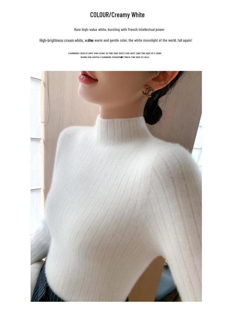 Premium Cashmere Rib-Knit Women's Slim-Fit Warm Sweater - Semi-High Neck, Thickened for Autumn & Winter.