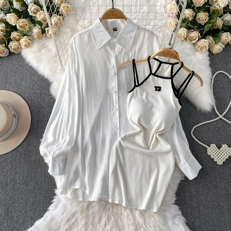 

Korean Series Loose Mid-Length Sunscreen Shirts Outerwear + Pure Desire Waist Hugging Slimming Hanging Neck Sling Dress Two-piece Set White Two-piece set One size