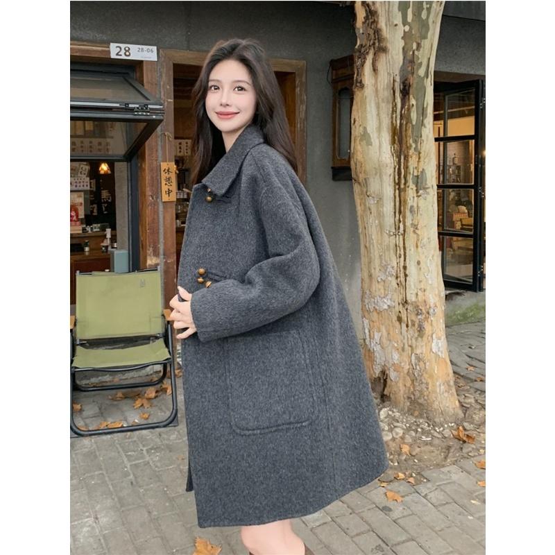 Gray Wool Coat Women Autumn Winter Middle Long Length Petite Pure Color Button Design Outerwear