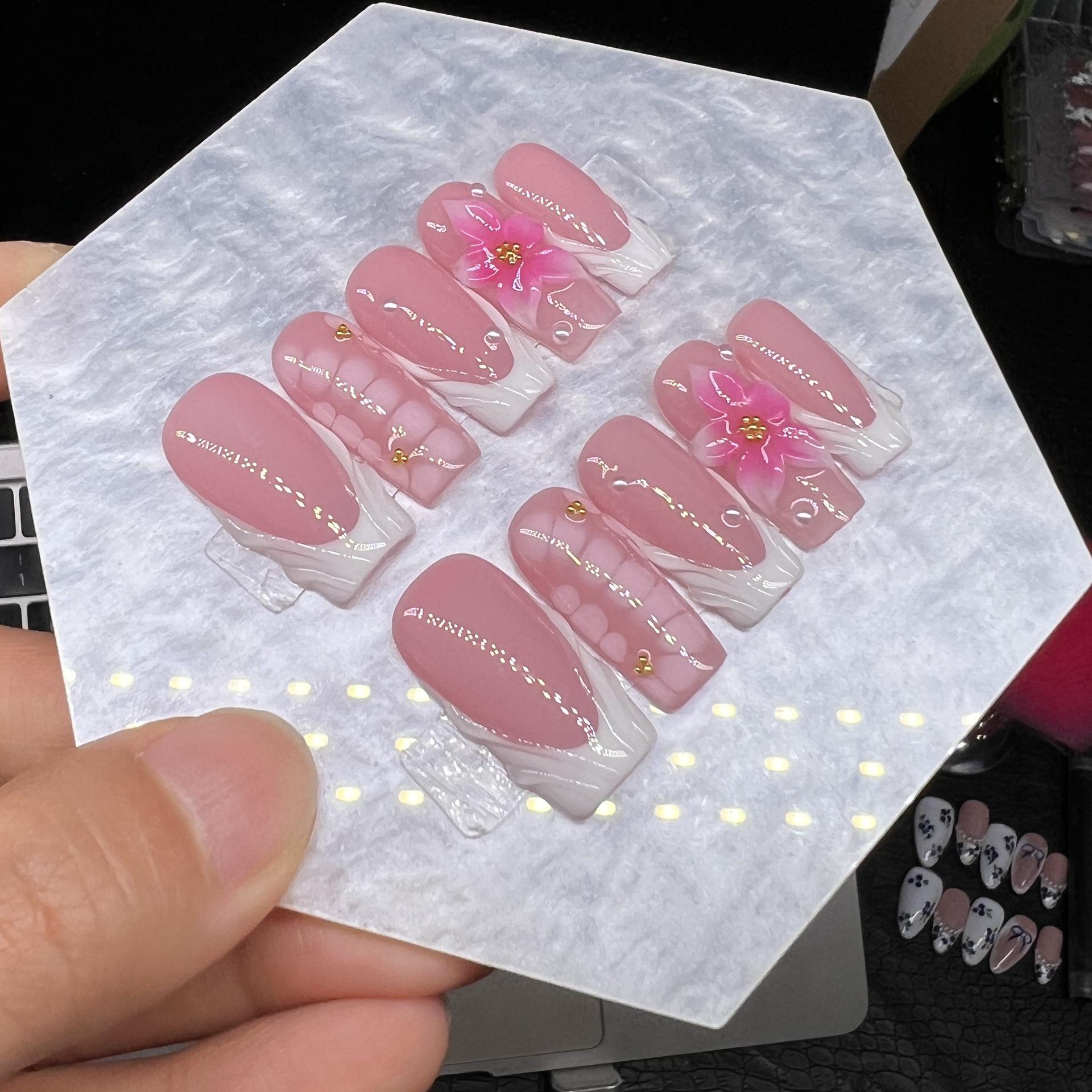 Handmade Pink French 3D Floral Pearl Square Nails