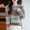 2025 Autumn/Winter Women's Loose Ethnic Style Raccoon Fur & Wool Knit Cardigan with Color Block and Round Neck, Long Sleeves