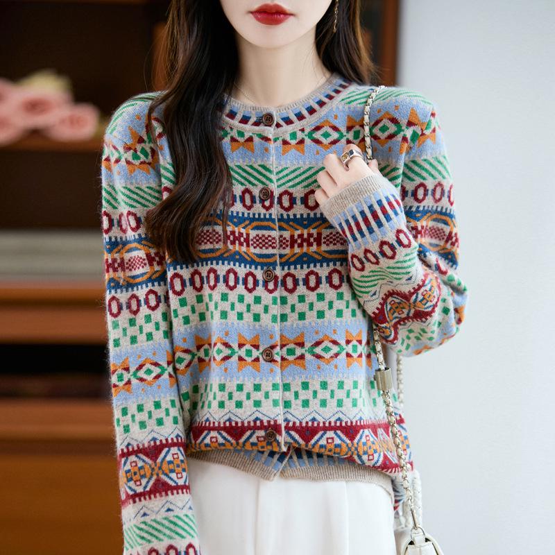 2025 Autumn/Winter Women's Loose Ethnic Style Raccoon Fur & Wool Knit Cardigan with Color Block and Round Neck, Long Sleeves