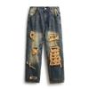 American Vintage Style Trendy Brand Spring and Autumn Updated Comfortable Fit Personality Ripped Patch Harlan Jeans
