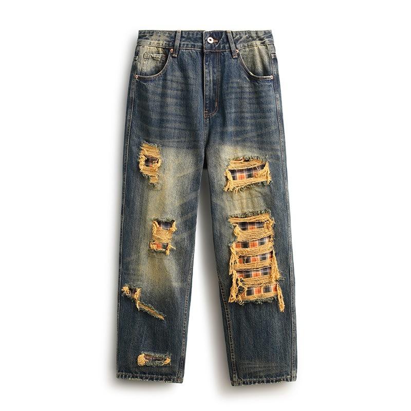 American Vintage Style Trendy Brand Spring and Autumn Updated Comfortable Fit Personality Ripped Patch Harlan Jeans