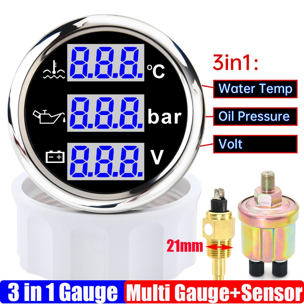 Blauer LED Digitaler 52mm Messgerät mit Alarm 0~120℃ Wassertemperaturanzeige+Öldruck+Spannung mit Öl-/Wassertemperatursensor
