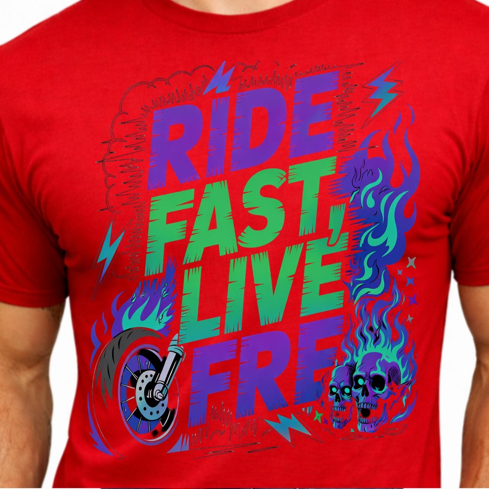 Ride Fast Live Free Neon Flaming Skulls Lightning Biker Motorcycle T-Shirt. XXL