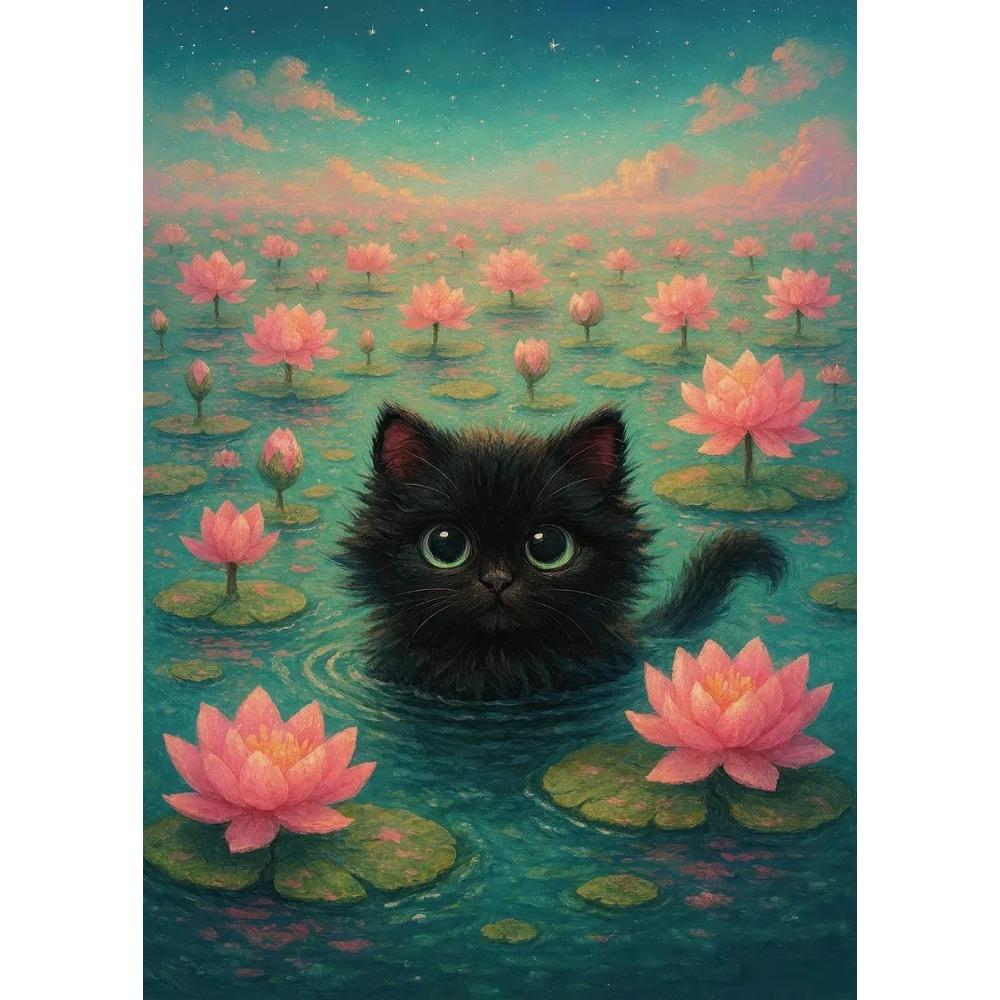 Black Cat Reading in Cozy Bed Orange Cat Cherry Blossom Lotus Landscape Canvas Painting Print Wall Art Picture Room Home Decor