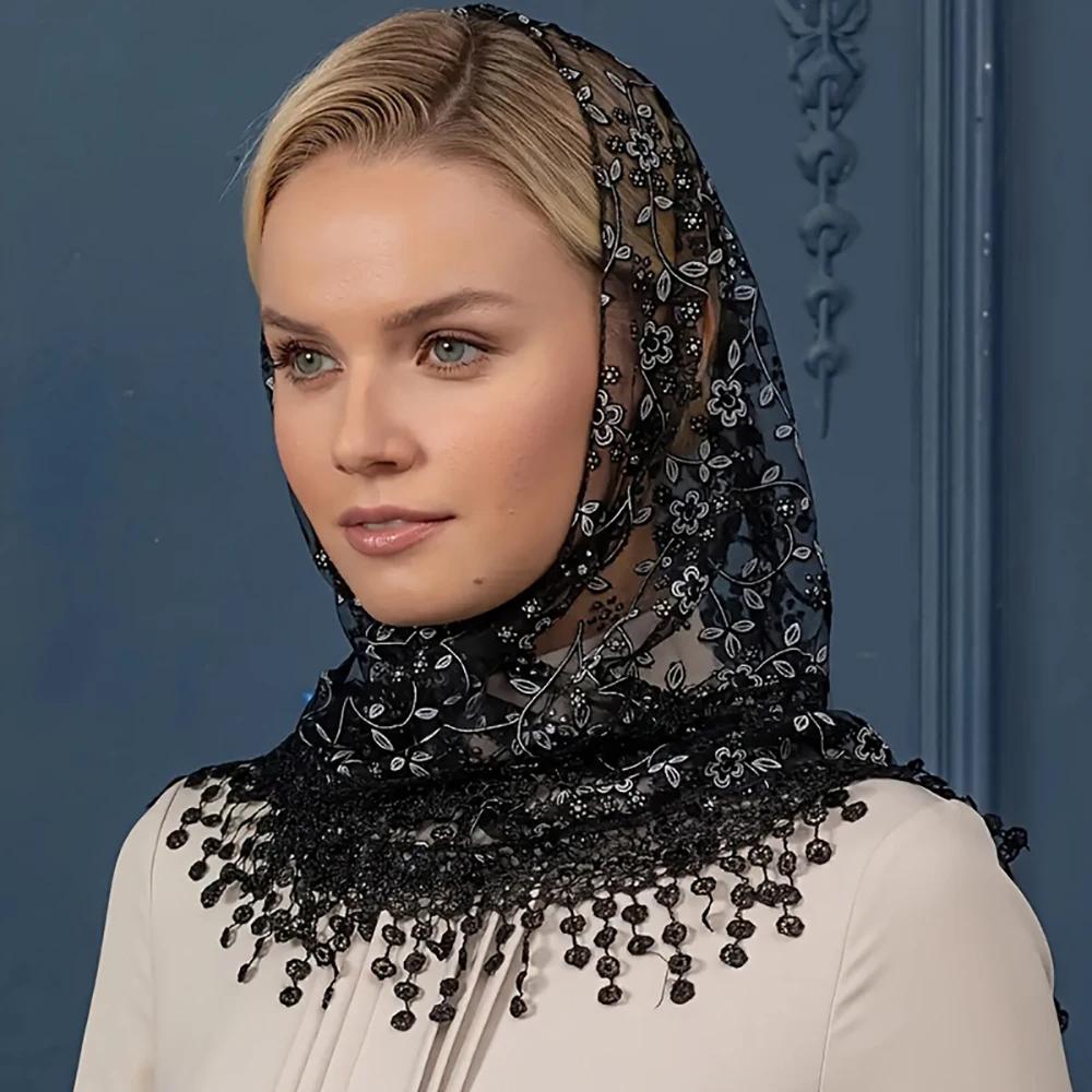 

Новый женский хиджаб-тюрбан с цветочным принтом и кружевной отделкой, треугольный платок, однотонная тонкая шаль, элегантный стиль, солнцезащитная повязка на голову