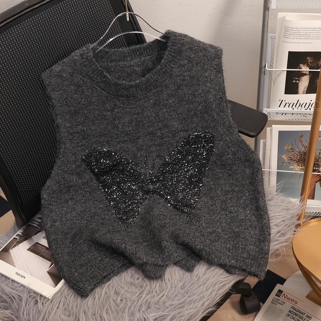 High-End Knit Sleeveless Sweater Vest with Butterfly Sequins and Back Slit
