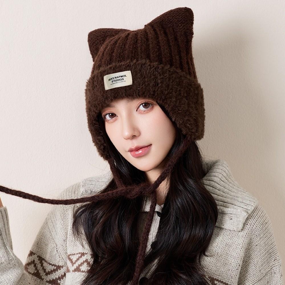 Polyester Cat Ear Knitted Hat 56cm To 58cm Head Circumference Warm Trapper Hat Casual Use