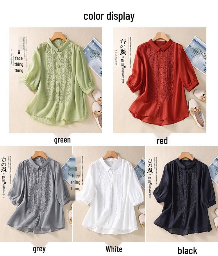 2025 Summer Women's Seven-Sleeve Cotton Linen Shirt with Floral Embroidery and Retro Turn-Down Collar