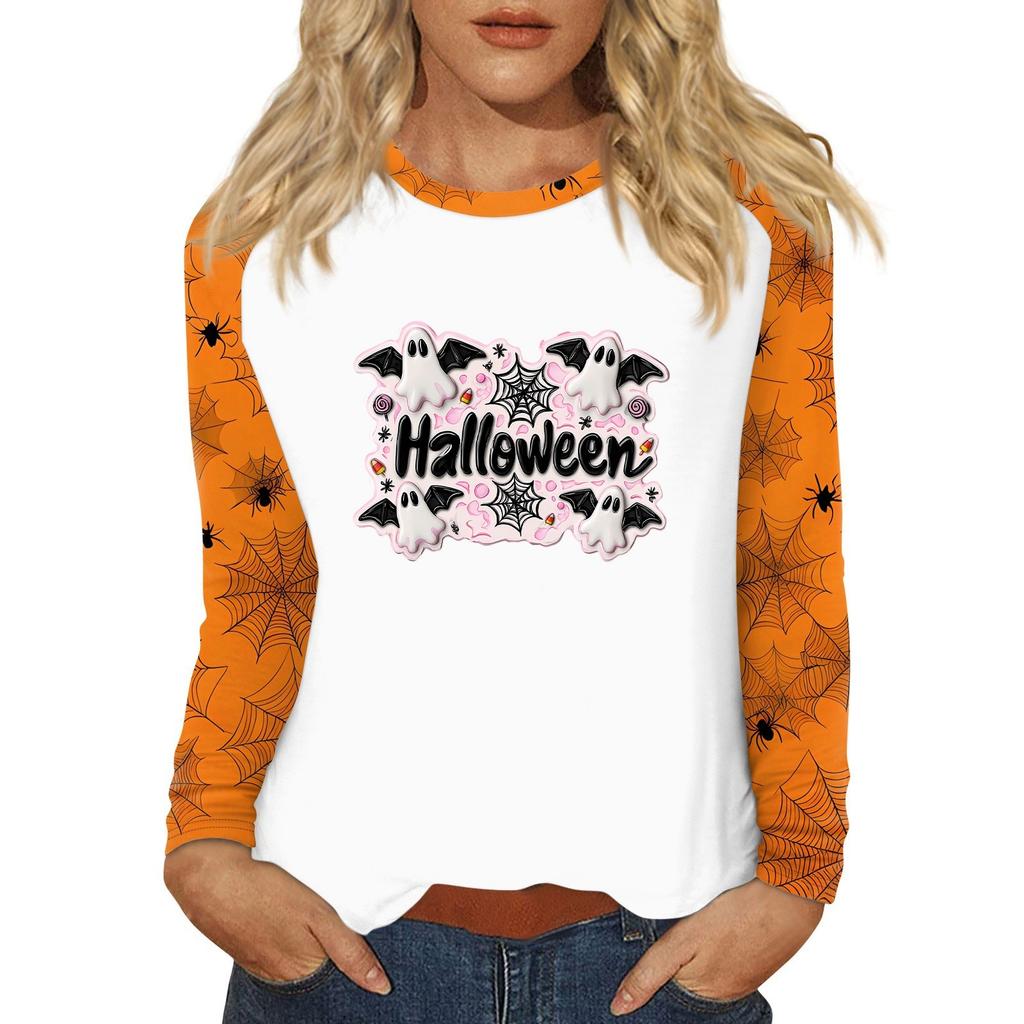 Women's T Shirt Halloween Print Long Sleeve Daily Fashion Basic Round Neck Raglan Sleeve Top