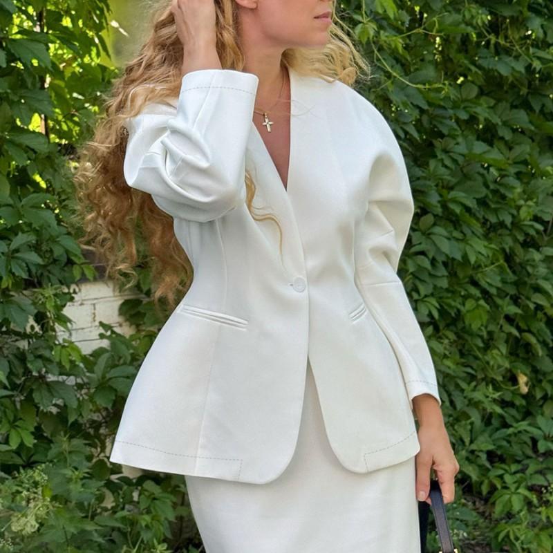 Womens V-Neck Slim Fit Blazer Elegant Commute Suit Single-Breasted Mid-Length Office Jacket