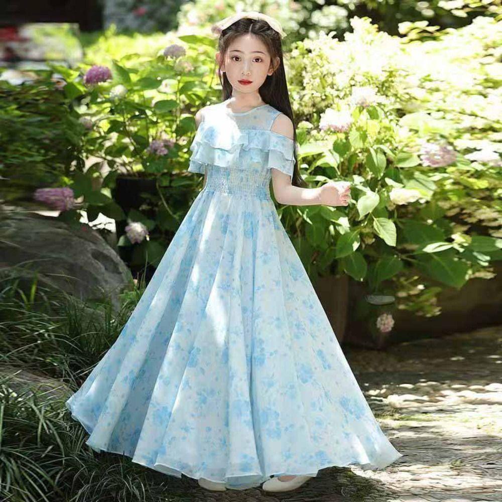 Loose Girls Chiffon Floral Dress Teenagers Children Princess Dress Summer Kids Dresses  Holiday
