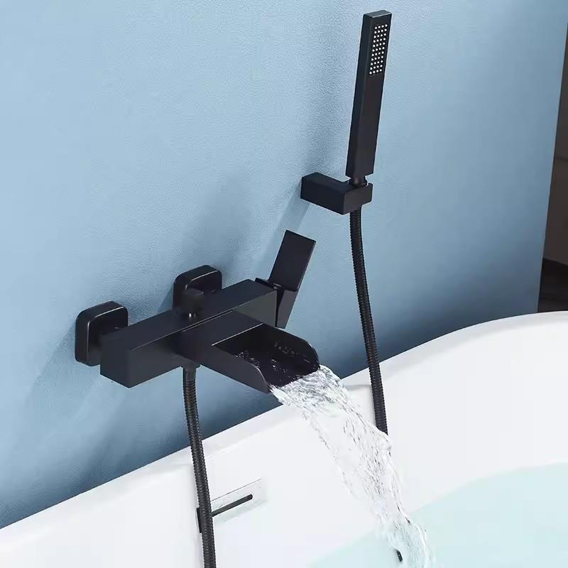 Zestaw prysznicowo-wannowy w kolorze szczotkowanego złota, montowany na ścianie, czarny kran wannowy, biały, wodospad, bateria łazienkowa do wanny i prysznica, mosiądz