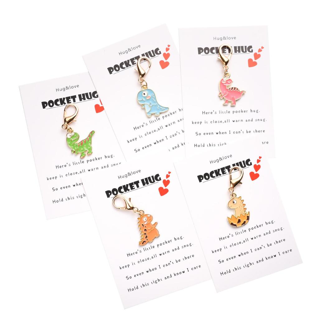 Cute Cartoon Dinosaur Keychain with POCKET HUG English Hug Card and Bag Pendant