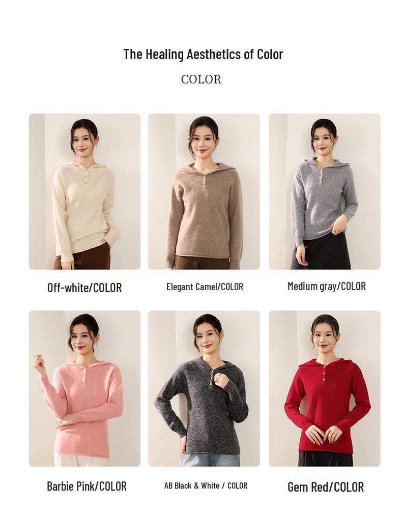 Women's 100% Pure Wool Half-Zip Hooded Sweater with Gold Buttons - New Autumn/Winter Fashion