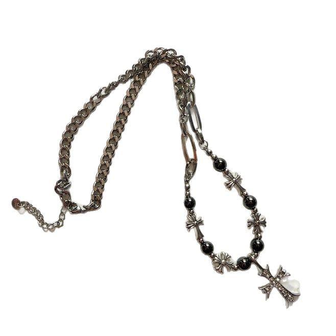 Y2K Gothic Style Black Beaded Cross Necklace & Cool Girl Sweatshirt Accessory