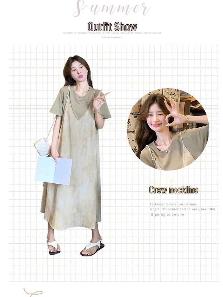 Summer 2025 Women's Gradient Suspender T-Shirt Dress - Age-Reducing, Fake Two-Piece, Medium-Length