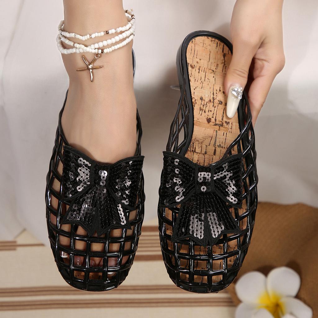 Fashion 2025 Flat Women's Slippers Fashionable Hollow Daily Bow Sandals Women's Summer Outdoor Beach Shoes Pantuflas De Mujer Slides