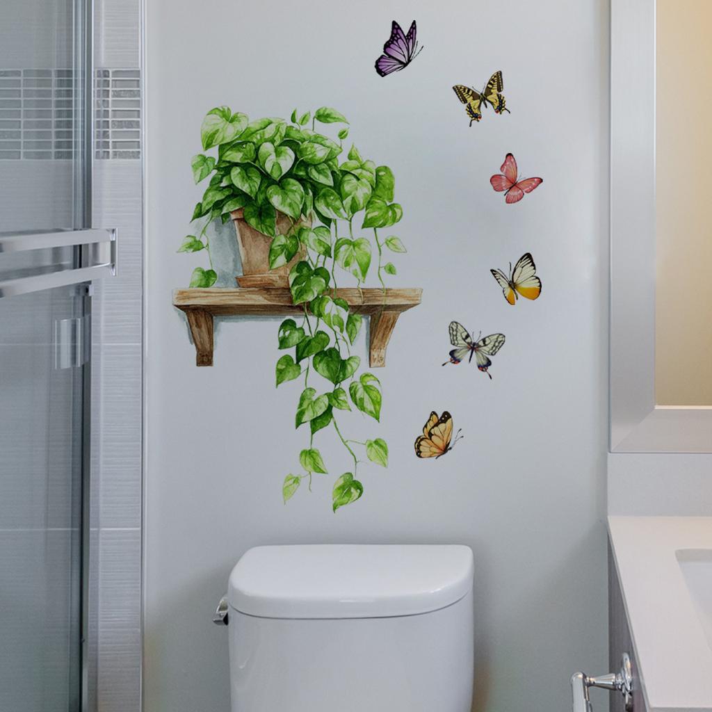 Self-adhesive Fresh Potted Flowers Butterflies Wall Stickers for Living Room Bedroom Home Background Decor