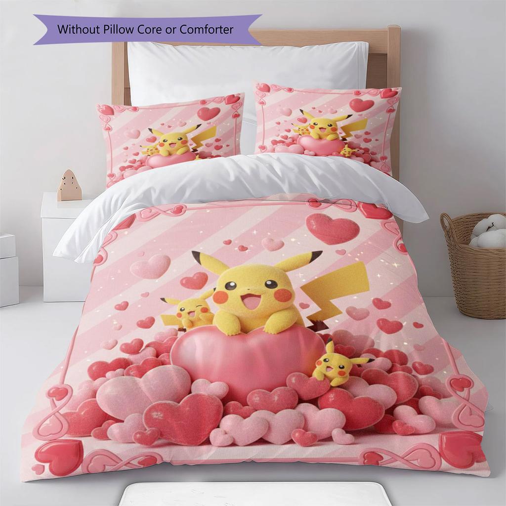 Liebe Pokemon Muster Bettwäsche Bettdecke Set Bettbezug Kissenbezug Heimdekoration Geburtstagsgeschenk (1 Bettbezug + 2 Kissenbezüge, ohne Füllung)