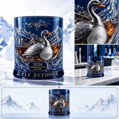 300ml Glass Whiskey Bottle with Commemorative Edition Design Featuring Detailed Swan and Mountain Motif Suitable for Spirits Storage and Display