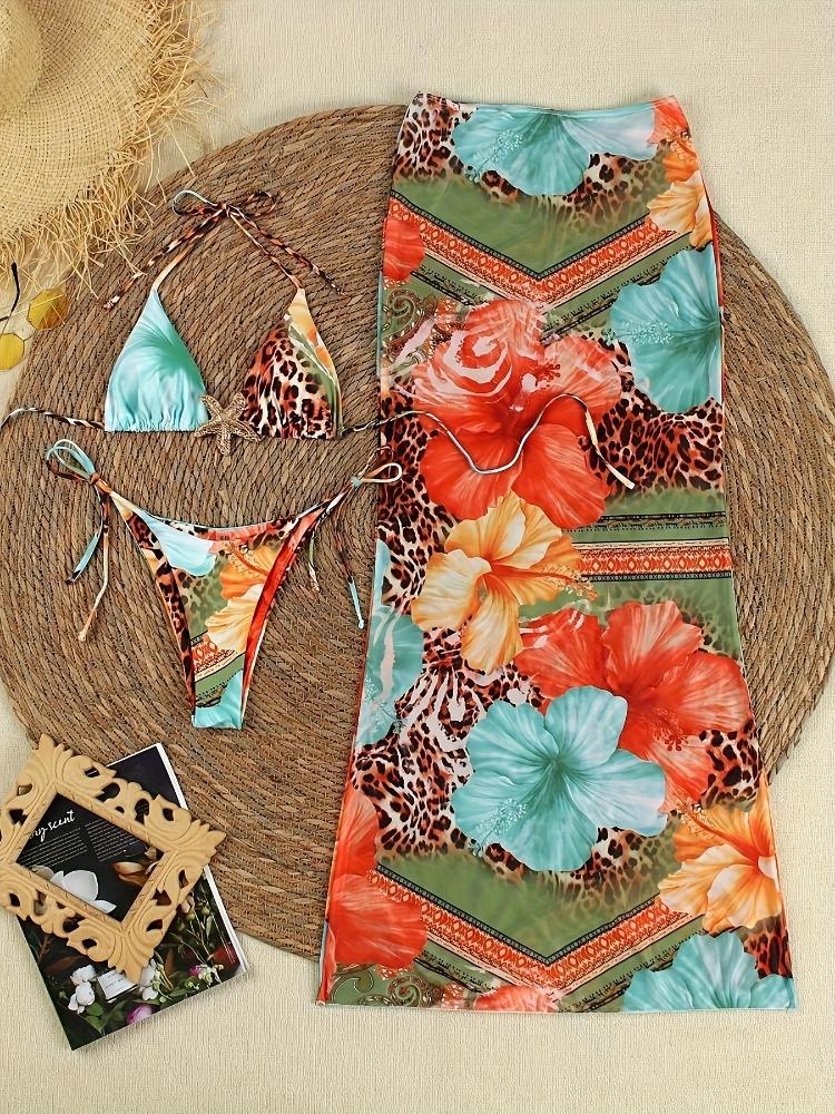 Print Neckholder Netz langes Kleid Zweiteiliger Bikini Mit Metall-Accessoires Mode Für Den Urlaub
