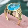 Exquisite Inlaid Sea Blue CZ Women's Ring Vintage Gold Color Hand Carving Daily Wear Party Jewelry Anniversary Gift