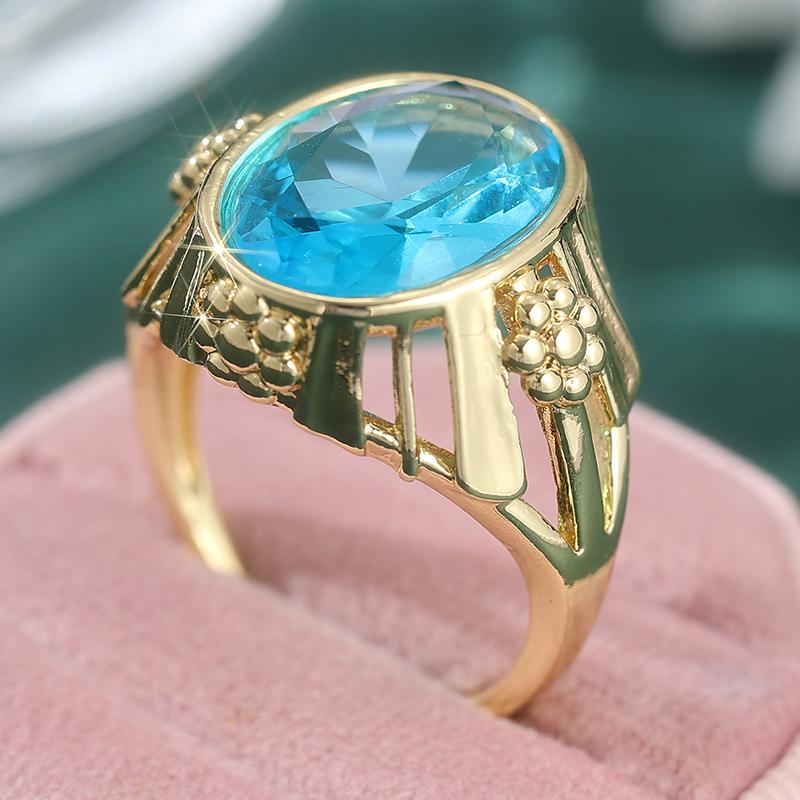 Exquisite Inlaid Sea Blue CZ Women's Ring Vintage Gold Color Hand Carving Daily Wear Party Jewelry Anniversary Gift