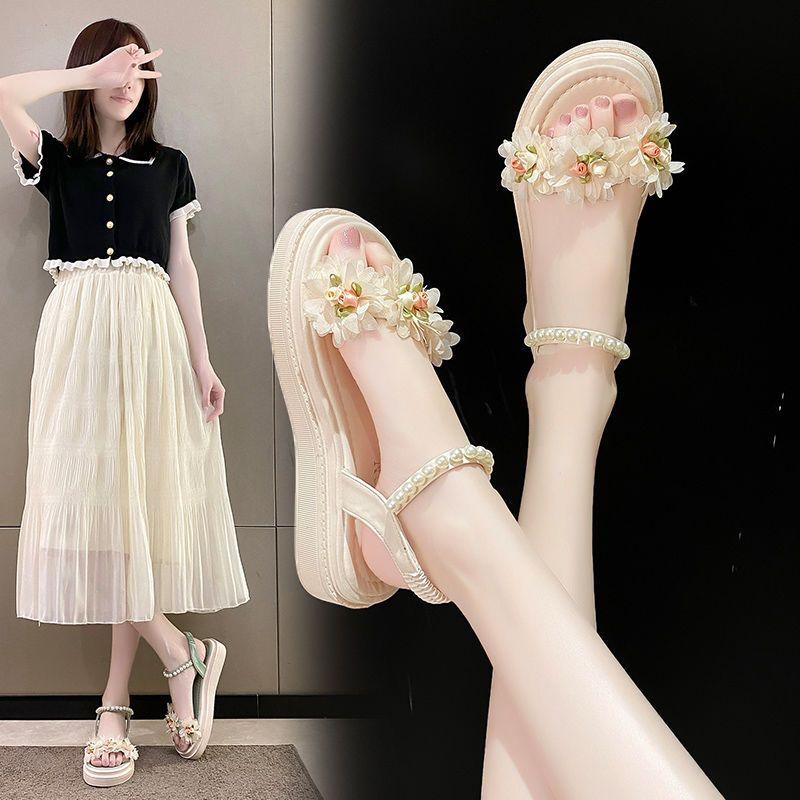 Flower Sandals Female Summer All-match Thick Bottom Korean System Slope with Flat Bottom Roman Shoes