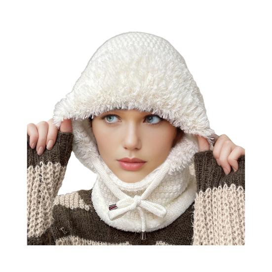 Outdoor Headgear Solid Color Plush Trim Windproof Warm Face Guard Scarf Hat Skiing Hiking Biking Winter