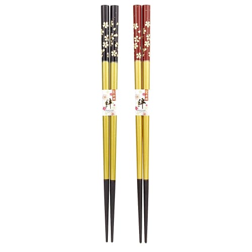 Couple's Chopsticks, Kinmai Sakura (Golden Cherry Blossom) Design, Black and Red, Dishwasher Safe, Comes with Design Paulownia Wood Box and Gift Wrapp